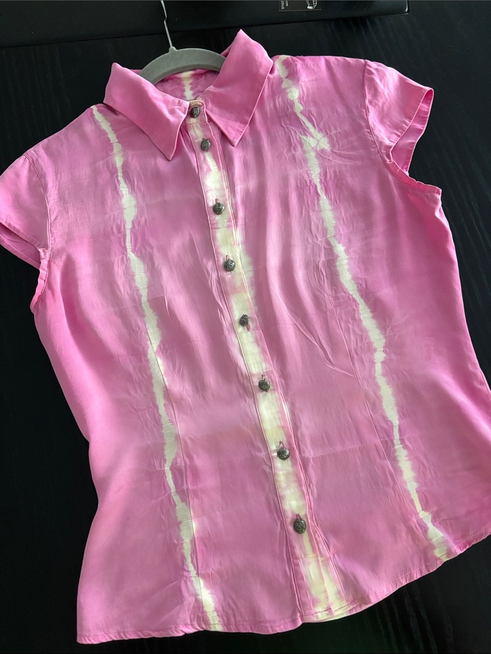 Women's Pink Tie-Dye Cap Sleeve Button-Down Shirt 100%Silk